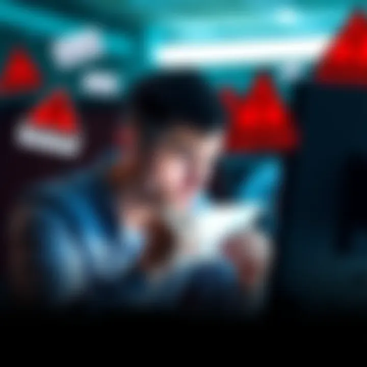 A worried person checking their email on a computer, surrounded by scam email notifications and warning signs.