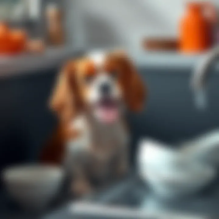 Cavalier dog pre-washing dishes A cute Cavalier King Charles Spaniel dog standing next to a sink with soapy dishes, appearing to clean them with its tongue.