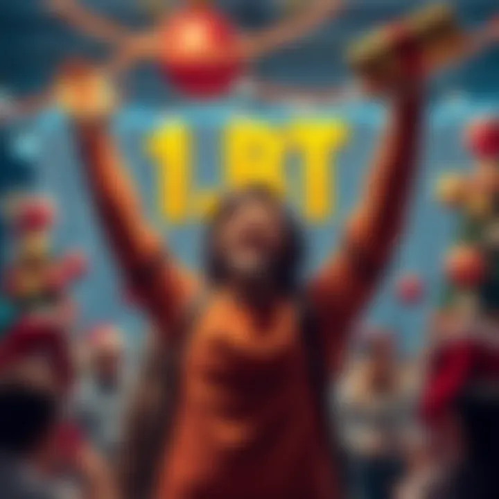 Celebrating 0.1 BTC Achievement Person joyfully celebrating joining the 0.1 Bitcoin club with hands raised and a big smile, surrounded by festive decorations.