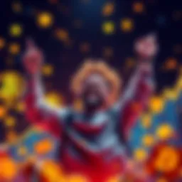 A person happily celebrating their achievement of owning 1.3 BTC, surrounded by crypto symbols and graphs showing growth.