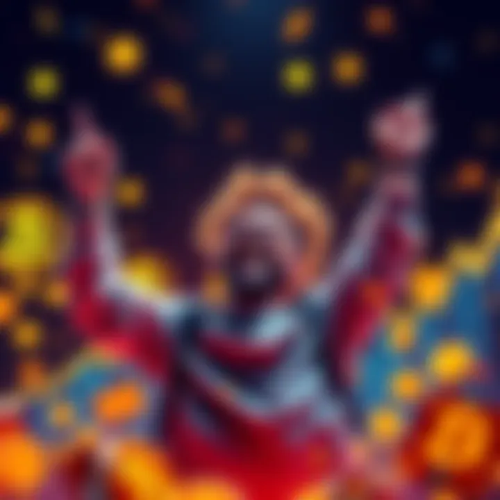 A person happily celebrating their achievement of owning 1.3 BTC, surrounded by crypto symbols and graphs showing growth.