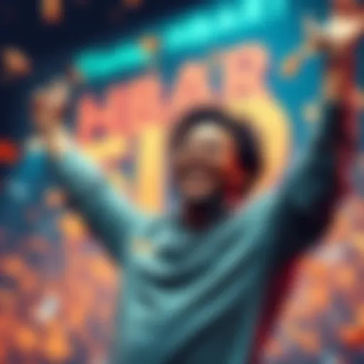 A person joyfully celebrating their achievement of accumulating 50,000 HBAR with a digital currency theme in the background