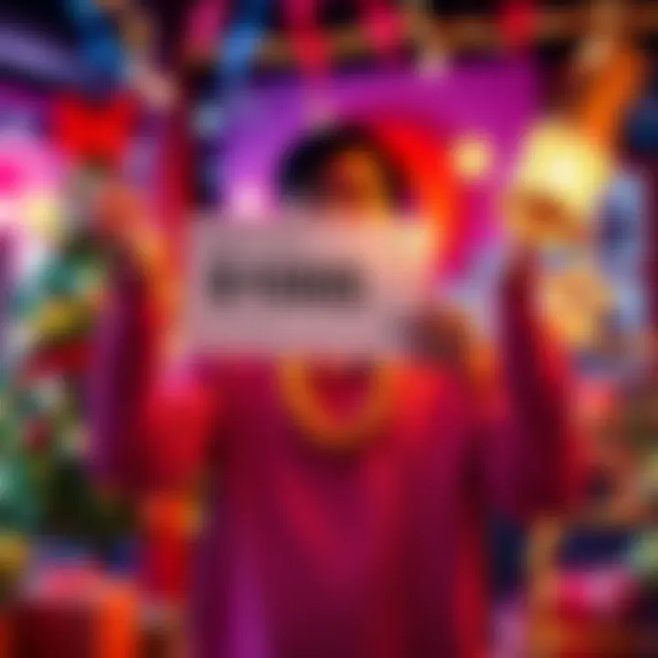 Celebrating a financial milestone A person joyfully holding a $1000 check, surrounded by festive decorations, symbolizing financial success.