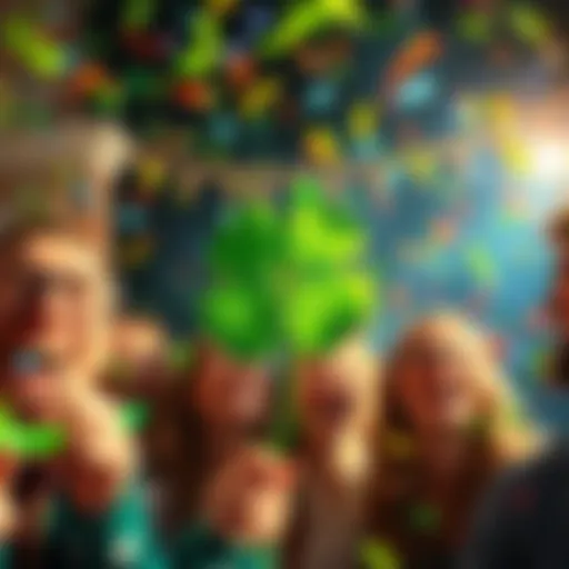 A vibrant celebration of luck featuring a four-leaf clover, confetti, and smiling people enjoying the moment.