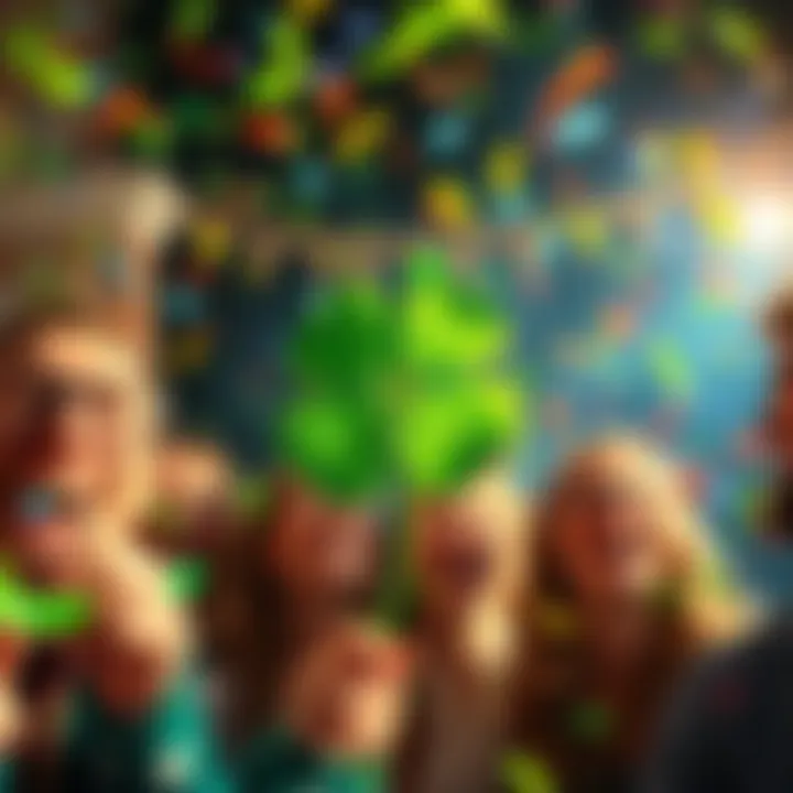 Celebrating Luck A vibrant celebration of luck featuring a four-leaf clover, confetti, and smiling people enjoying the moment.