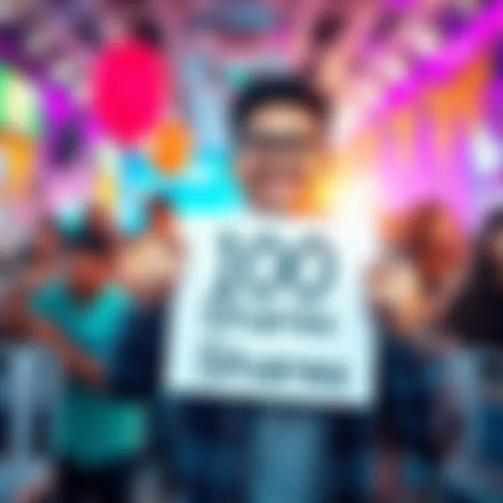 A person holding a sign that says '100 Shares' with a cheerful smile in a lively community setting