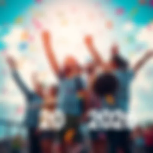 Group of diverse individuals cheering with confetti, looking up towards a bright sky symbolizing hope and future aspirations for 2026