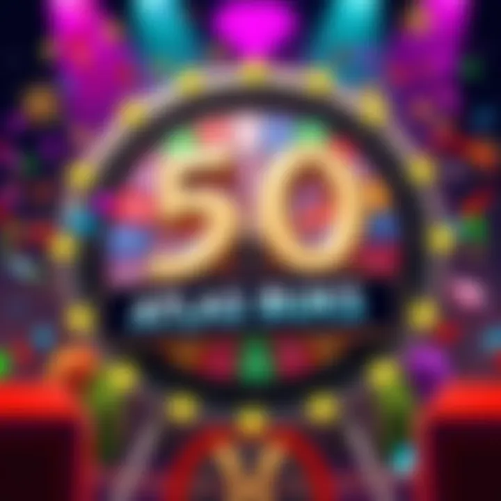 A colorful diamond wheel with a big '50 Atlas Bucks' sign celebrating a milestone win, surrounded by festive decorations and confetti