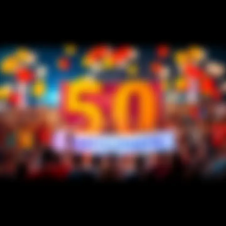Celebrating 50K Participants A large group of people celebrating together with balloons and banners, showing excitement for reaching 50,000 participants.