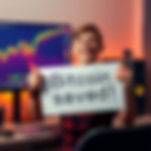 A young adult joyfully holding a sign that says 'Bitcoin saved!' in front of a computer with cryptocurrency charts on the screen