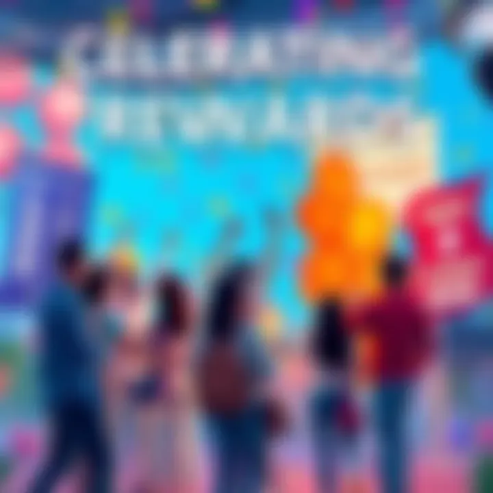 A vibrant celebration scene showing people engaging with a rewards program, balloons, and banners promoting BitMart rewards, highlighting bonuses and cashback.