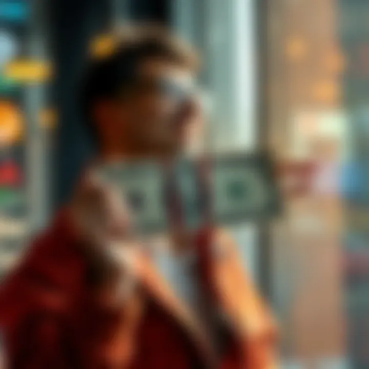 A person joyfully holding their first dollar bill with a big smile, symbolizing success in business.