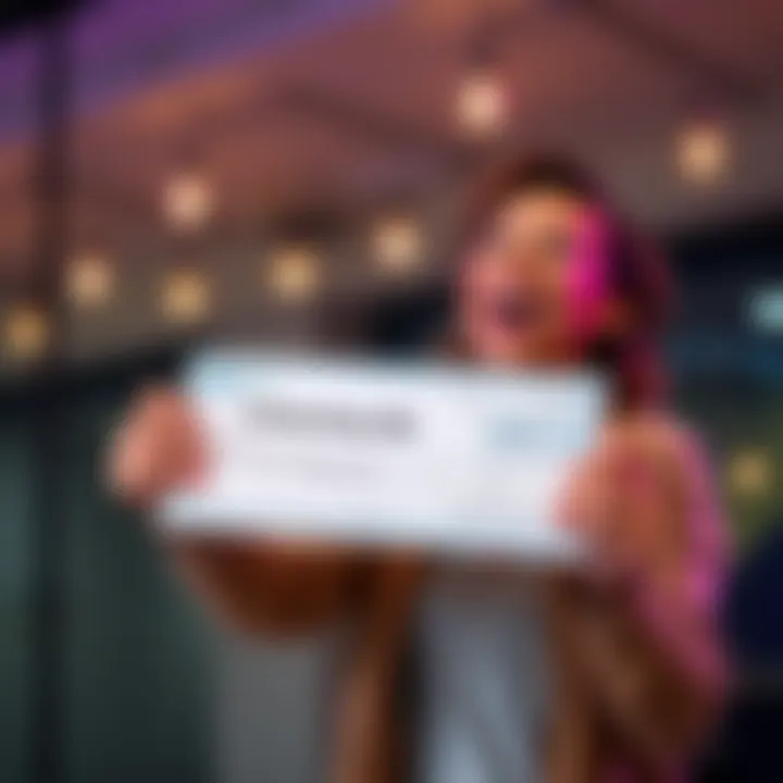Celebrating First Payment A person joyfully holding a check with excitement, symbolizing their first payment milestone.