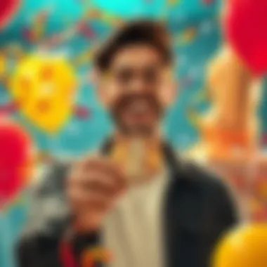 A happy person holding a shiny penny with a big smile, surrounded by confetti and balloons