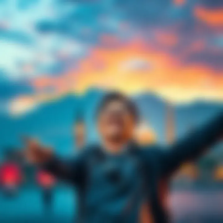 A person joyfully celebrating their second migration experience with a backdrop of landmarks representing their journey.