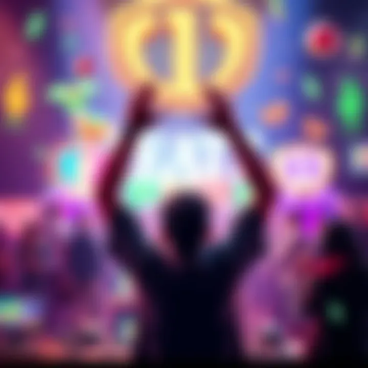 A person celebrating with arms raised, showing excitement after reaching a $1 milestone in gaming, with a colorful background of game elements.