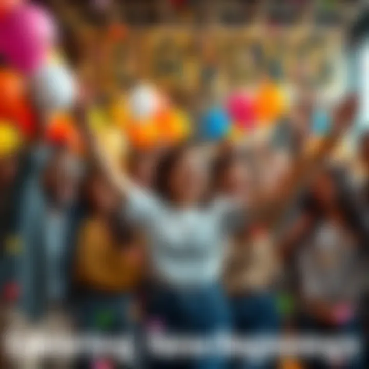 A group of diverse people joyfully embracing new opportunities, with bright balloons and confetti in a festive atmosphere.