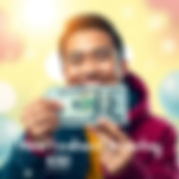 A person smiling while holding a $60 note, surrounded by a bright and cheerful background, representing financial achievement.