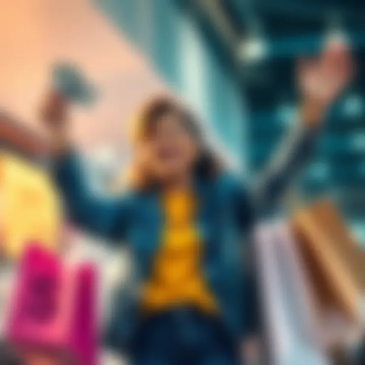 A happy person holding cash and shopping bags, celebrating their financial success from completing orders.