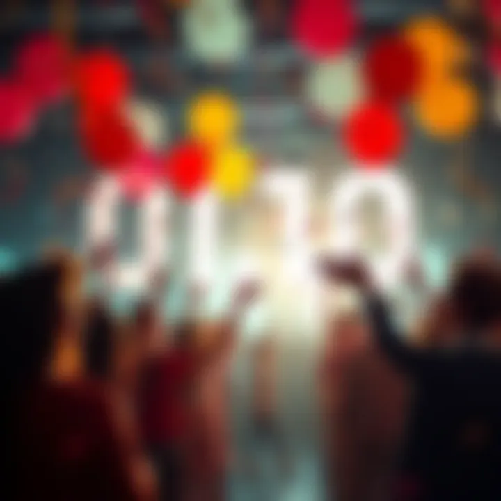 A group of people celebrating their achievement with balloons and confetti at a community event.