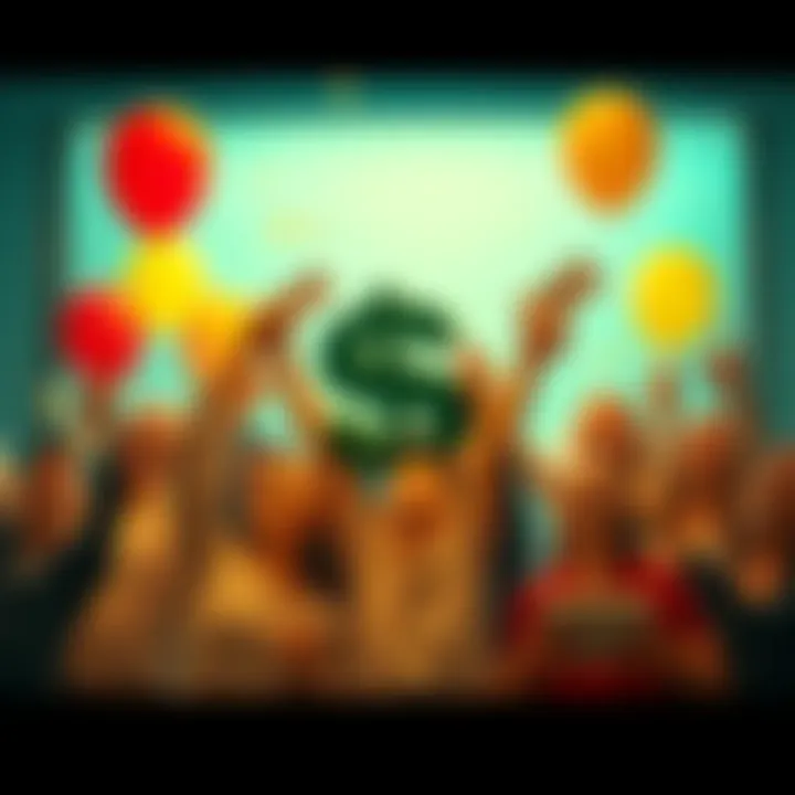 A group of people joyfully celebrating their first dollar milestone, holding cash and balloons in a festive setting.