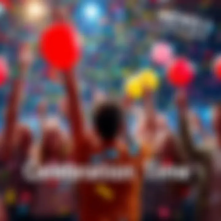 A group of people joyfully celebrating with confetti and balloons, showing excitement and community spirit.