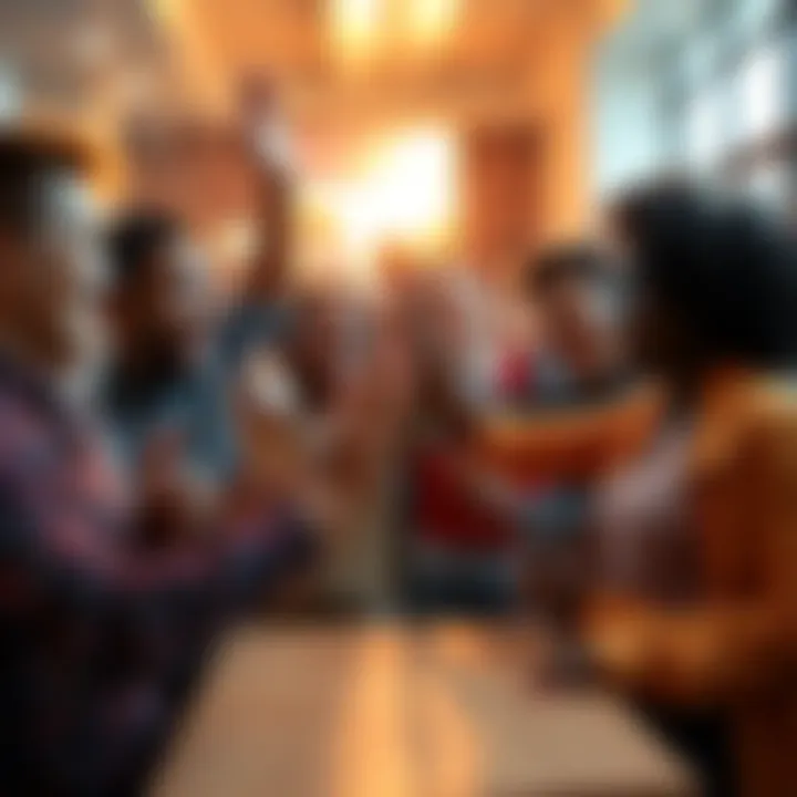 Celebration of First Dollar Earned A group of happy people celebrating together, reflecting the joy of earning their first dollar, with smiles and high-fives.