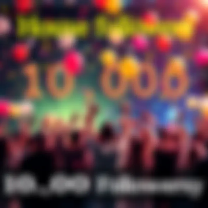 A colorful graphic showing a group of people celebrating with balloons and confetti, symbolizing the achievement of 10,000 followers in a community.