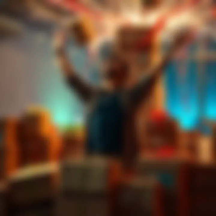 A person celebrating with a large stack of parcels around them, showing excitement and joy.