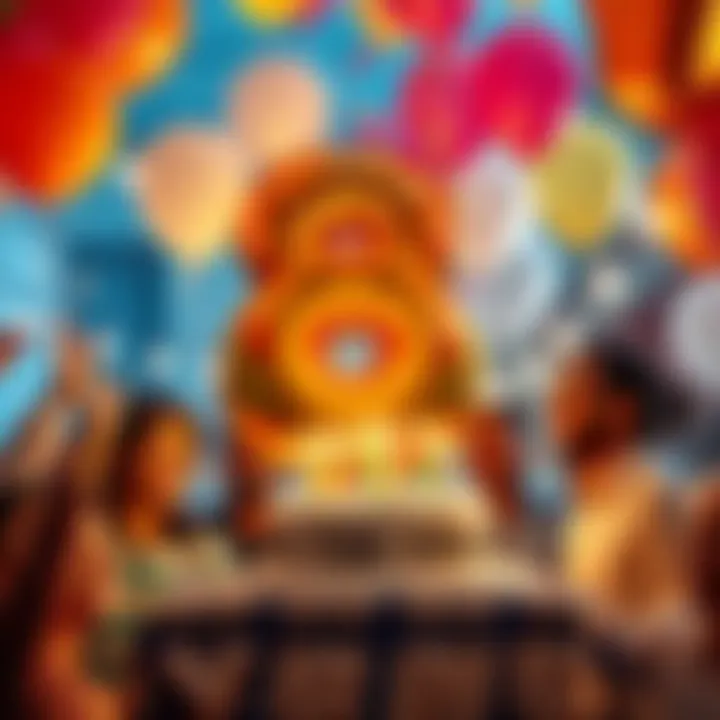 People celebrating 8 years of achievements with balloons and a cake