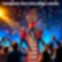 People celebrating at the top of the Challenge Ladder, with confetti and smiles