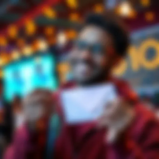 A person smiling while holding a cash envelope, celebrating reaching $700 in earnings over six months.