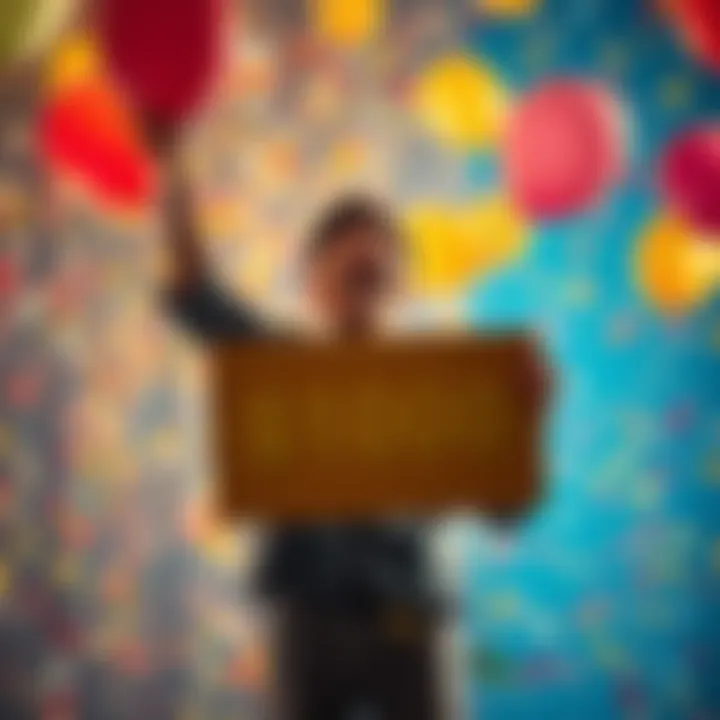 A person joyfully holding a sign that says $100, surrounded by confetti and balloons, symbolizing achievement and success.