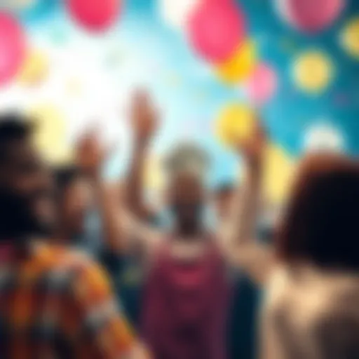 A group of diverse people celebrating the achievement of 200,000 with balloons and cheers, looking excited about future goals.
