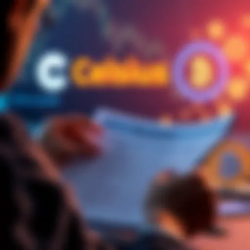 Person reviewing tax documents with Celsius logo and cryptocurrency icons in the background