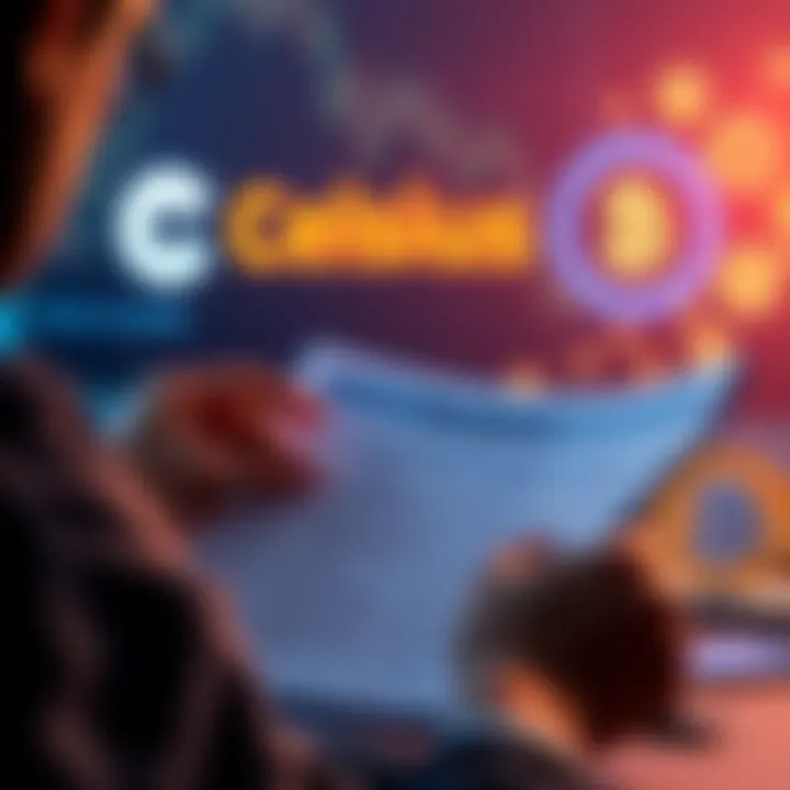 Person reviewing tax documents with Celsius logo and cryptocurrency icons in the background