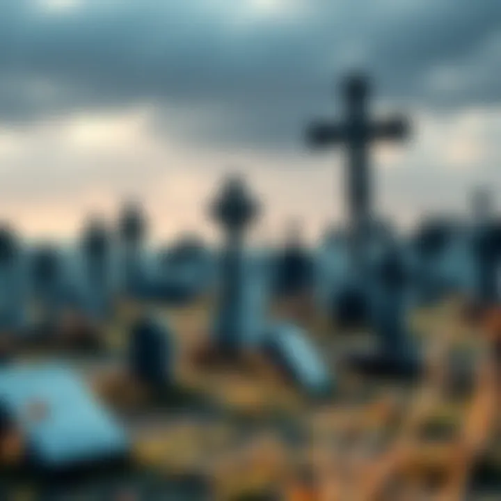 A serene cemetery scene featuring weathered crosses and tombstones, symbolizing the concept of death and the phrase 'Dead as Hell'.