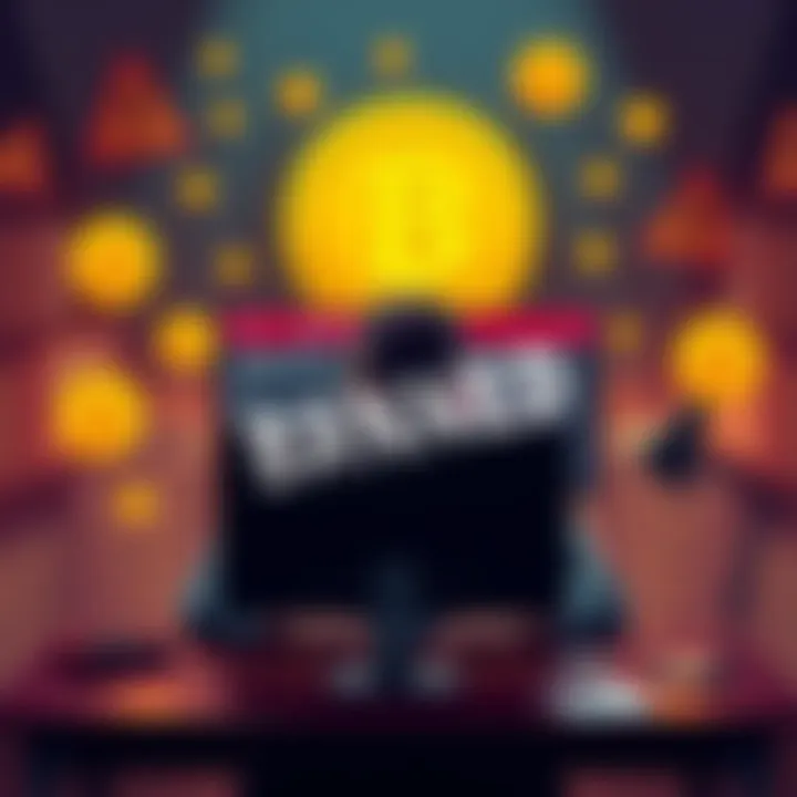 Censored Bitcoin Forum A frustrated person sitting at a computer, looking upset after being banned from a Bitcoin forum, surrounded by Bitcoin symbols and warning signs.