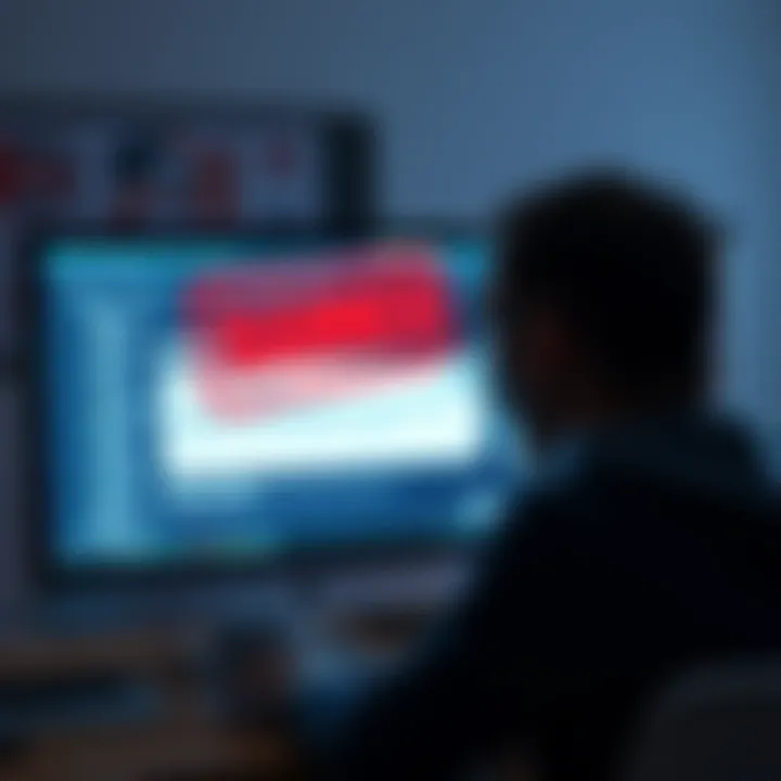 A person looking frustrated at a computer screen showing a message about being banned for questioning beliefs on online forums.