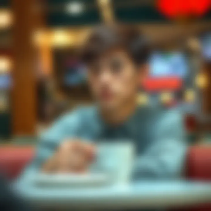 A 21-year-old man with short brown hair sitting alone at a cafe, looking pensive and holding a coffee cup, suggesting feelings of loneliness in his search for love.