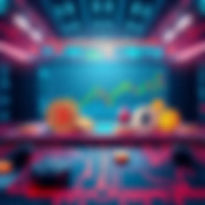 A graphic showing a digital trading platform with various cryptocurrencies like BTC and ETH, emphasizing liquidity and no KYC requirements.