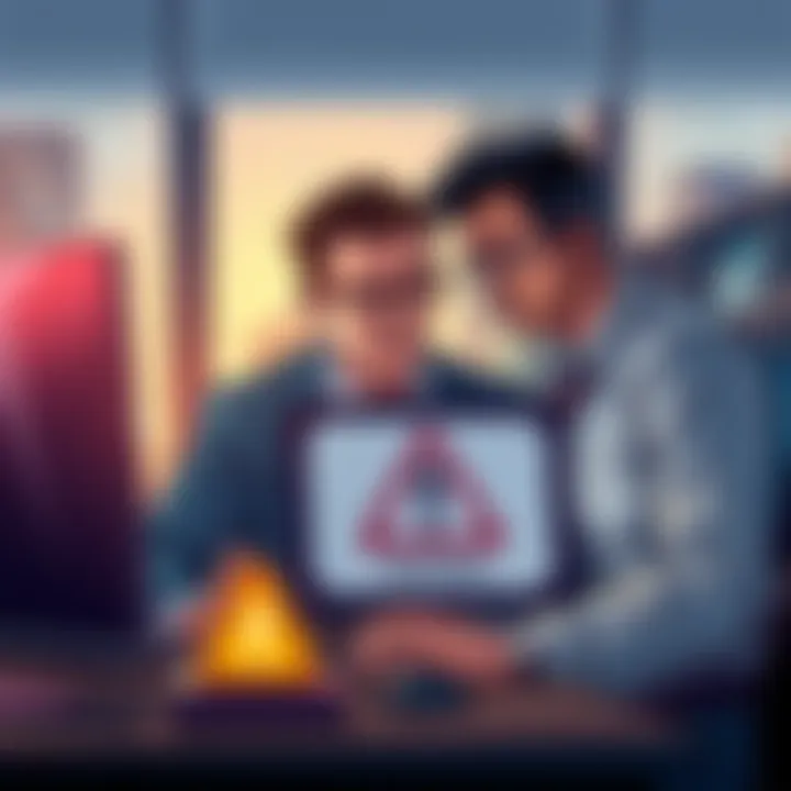 Illustration showing a CEO and CTO in an office looking concerned over a computer with a warning sign, symbolizing a coin theft investigation.