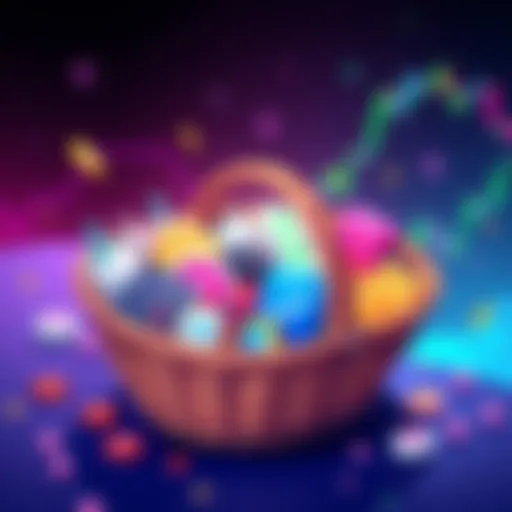 An illustration showing themed investment baskets with various assets like stocks and crypto tokens, symbolizing the Cesto platform on Solana.