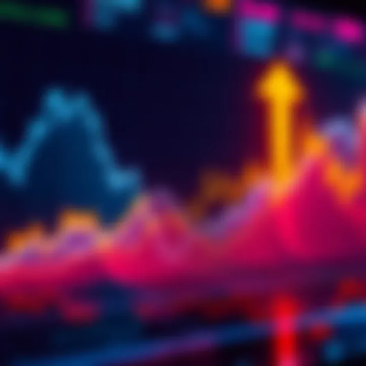 A graphical representation of cryptocurrency prices demonstrating peaks and lows, with arrows indicating selling high and buying low strategies affected by Capital Gains Tax