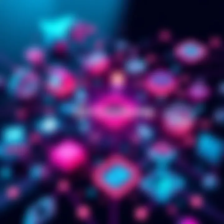 Illustration showing Chainlink logo surrounded by major business icons exchanging data in a digital network