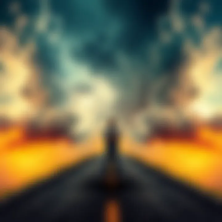 Challenges in Life A person standing at a crossroads looking stressed, with stormy clouds above and a path leading in two directions.