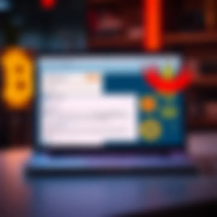 A laptop displaying emails with fraudulent content and BTC symbols, representing theft and legal actions against ChangeNOW.io