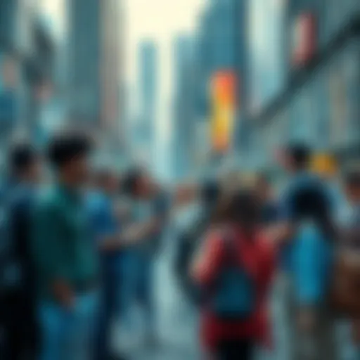 A diverse group of people engaging in discussions about social and political changes in a city setting.