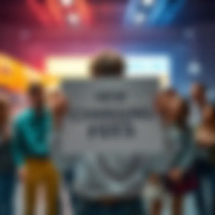 A person holding a sign that reads 'New Charging Fees' in front of a group of concerned card managers discussing strategies.