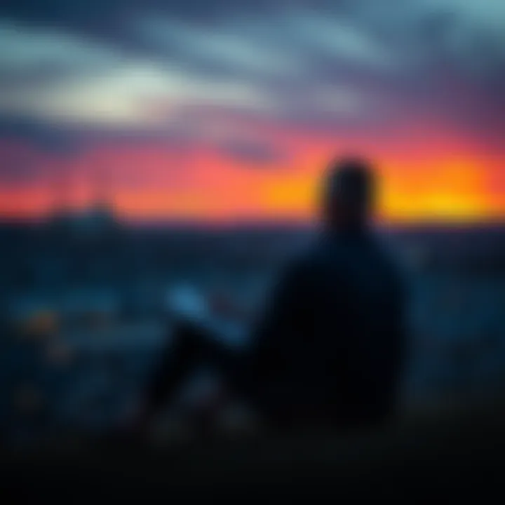 Charles Hoskinson sitting thoughtfully with a notepad, looking towards the horizon as the sun sets, symbolizing reflection and new beginnings.